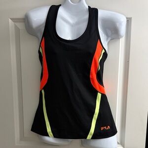 Fila Women's Black Tank Top with Vibrant Orange and Yellow Highlights
